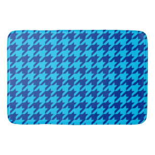 Cyan Navy Blue Houndstooth Plaid Bath Mat