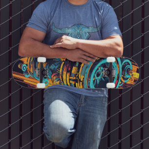 Cyan Orange Cyberpunk Industrial Turbine Grunge Skateboard
