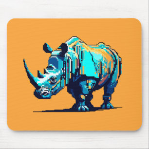 Cyan Orange Pixel Art Rhino Retro Gamer Mouse Pad