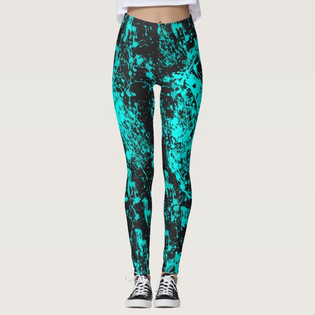 Cyan Paint Brush Splatter Leggings (Front)