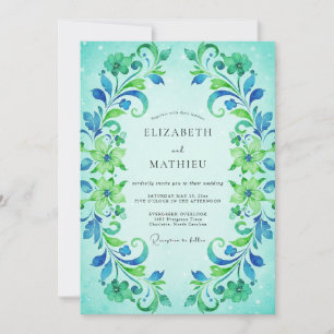 Cyan Painted Vine Wedding Invitation