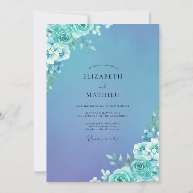 Cyan Periwinkle Blossom Wedding Invitation (Front)