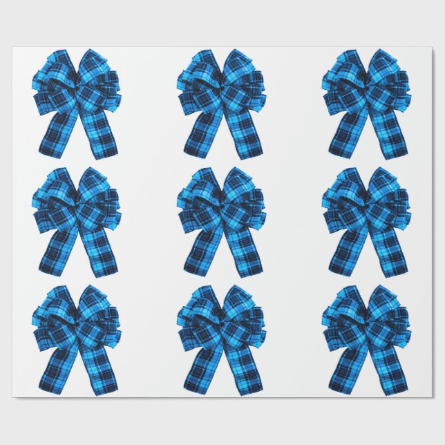 Cyan Plaid Bows Wrapping Paper (Flat)