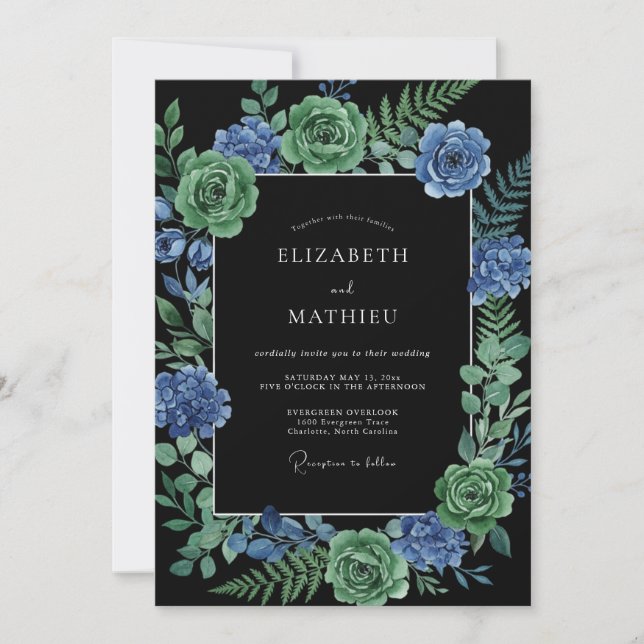 Cyan Ranunculus Black Eucalyptus Wedding Invitation (Front)