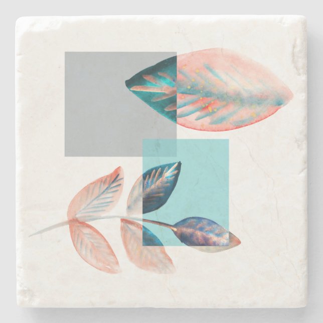 Cyan Red Leaf Stone Coaster (Front)