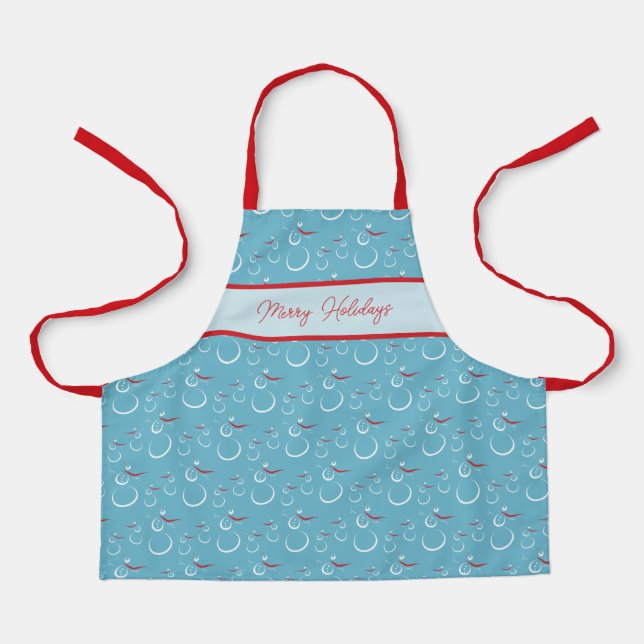 Cyan Red Merry Holidays Cute Snowman Pattern Apron (Front)
