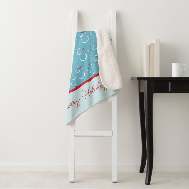 Cyan Red Merry Holidays Cute Snowman Pattern Sherpa Blanket (In Situ)