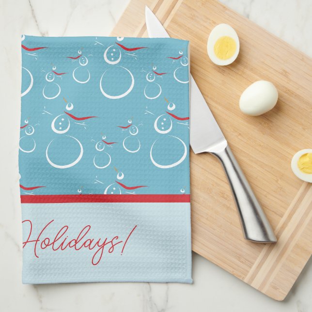 Cyan Red Merry Holidays Cute Snowman Pattern Tea Towel (Quarter Fold)