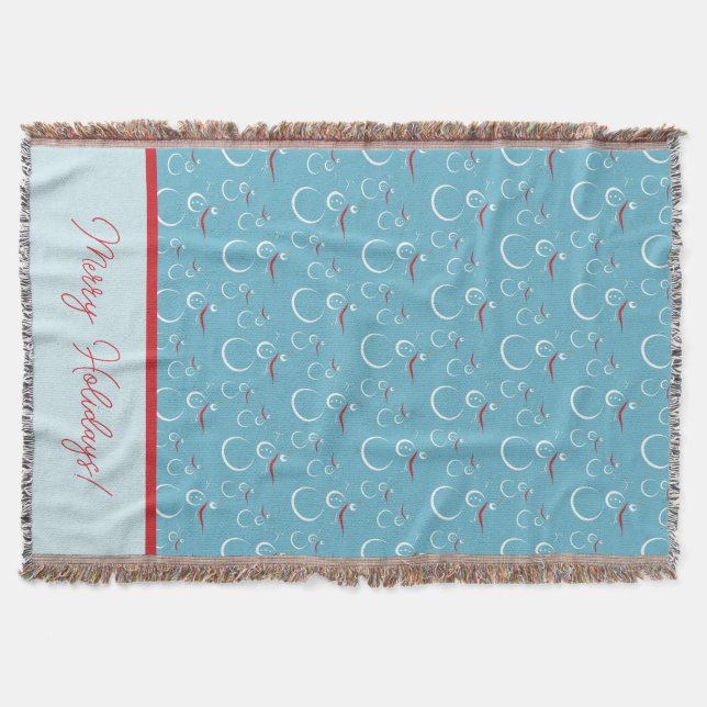 Cyan Red Merry Holidays Cute Snowman Pattern Throw Blanket (Front)