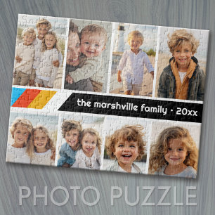 Cyan Retro Stripe - 8 Photo Collage Jigsaw Puzzle