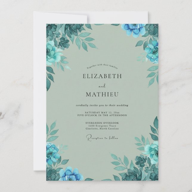 Cyan Sage Petal Wedding Invitation (Front)
