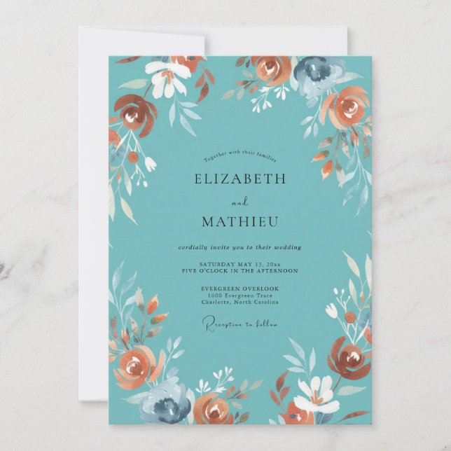 Cyan Terracotta Peony Wedding Invitation (Front)