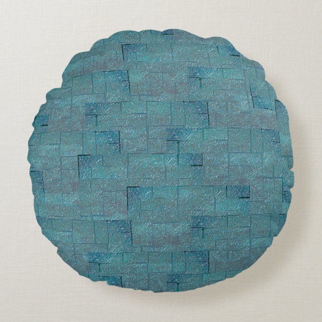 Cyan to grey texture shaped mosaic cutouts round cushion (Front)