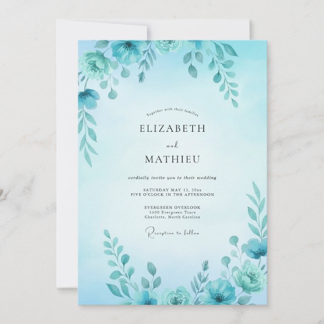 Cyan Watercolor Leafy Wedding Invitation (Front)