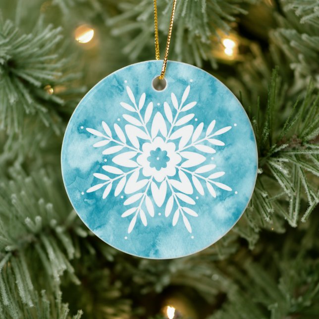 Cyan Watercolor Snowflake  Ceramic Tree Decoration (Tree)