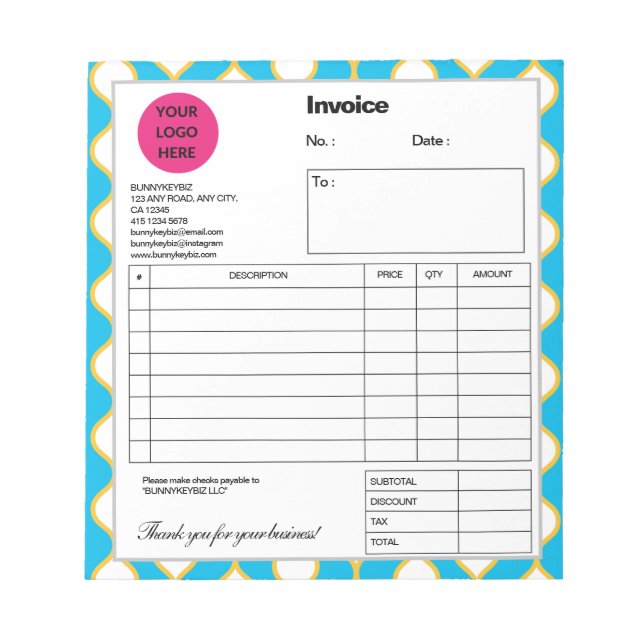 Cyan Yellow Bubble Line Company Business Invoice Notepad (Front)