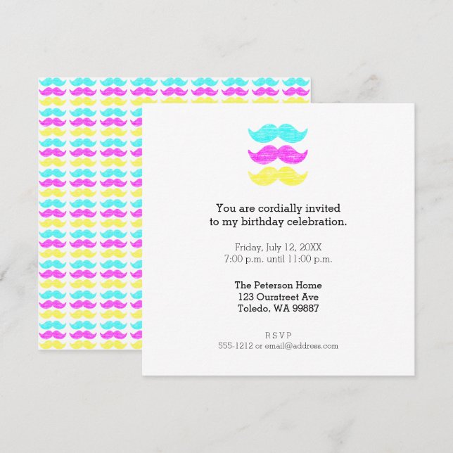 Cyan Yellow Magenta Moustaches (letterpress style) Invitation (Front/Back)
