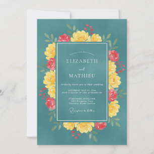 Cyan Yellow Peony Wedding Invitation
