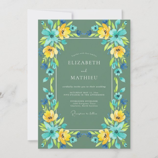 Cyan Yellow Wildflower Wedding Invitation (Front)