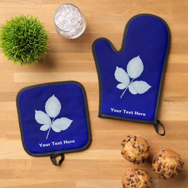 Cyano Print Bramble Leaves Oven Mitt & Pot Holder Set (Top Down)