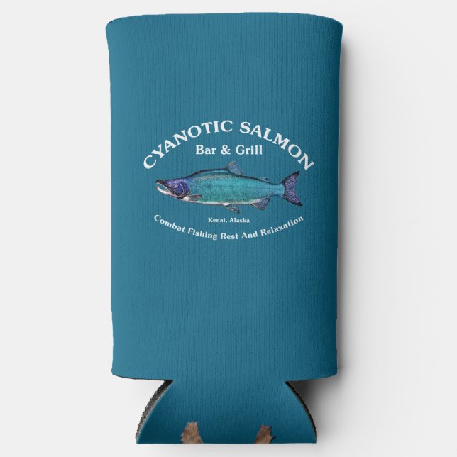 Cyanotic Salmon Bar & Grill Can Cooler (Front)