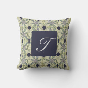 Cyanus Flower Hand-drawn w Navy Monogram Cushion