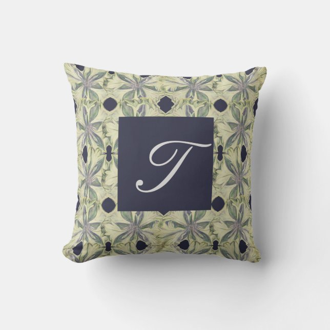 Cyanus Flower Hand-drawn w Navy Monogram Cushion (Front)