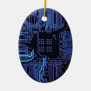 Cyber Blue PCB Circuit Board Trace Pattern Art Ceramic Tree Decoration