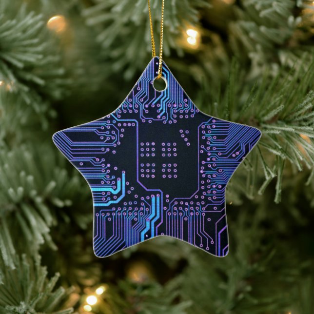 Cyber Blue PCB Circuit Board Trace Pattern Art Ceramic Tree Decoration (Tree)