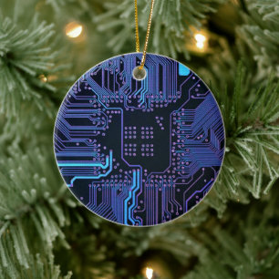 Cyber Blue PCB Circuit Board Trace Pattern Art Ceramic Tree Decoration