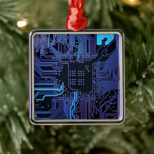 Cyber Blue PCB Circuit Board Trace Pattern Art Metal Tree Decoration