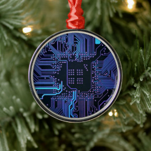 Cyber Blue PCB Circuit Board Trace Pattern Art Metal Tree Decoration