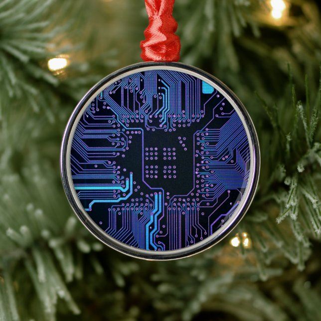 Cyber Blue PCB Circuit Board Trace Pattern Art Metal Tree Decoration (Tree)