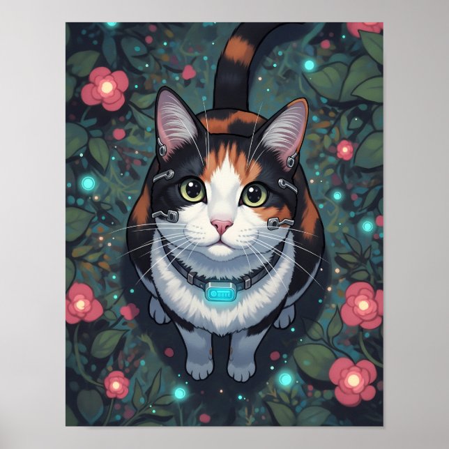 Cyber Cat Bloom | Floral Cybernetic Feline Poster (Front)