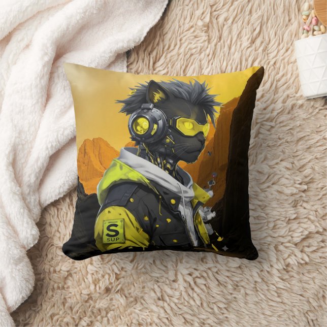 Cyber Cat | Futuristic Neon Hacker Cat Cyberpunk  Cushion (Blanket)