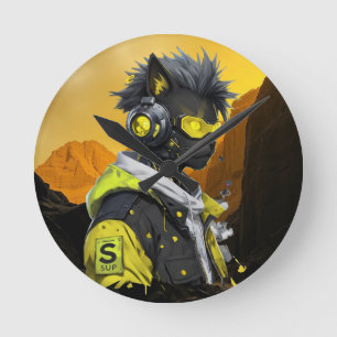 Cyber Cat Futuristic Neon Hacker Cat Cyberpunk Round Clock