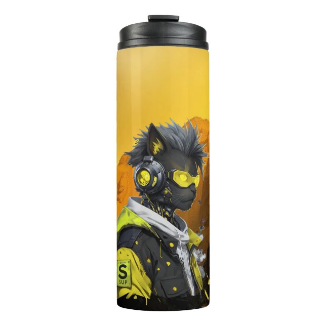 Cyber Cat | Futuristic Neon Hacker Cat Cyberpunk  Thermal Tumbler (Front)