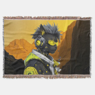 Cyber Cat Futuristic Neon Hacker Cat Cyberpunk Throw Blanket