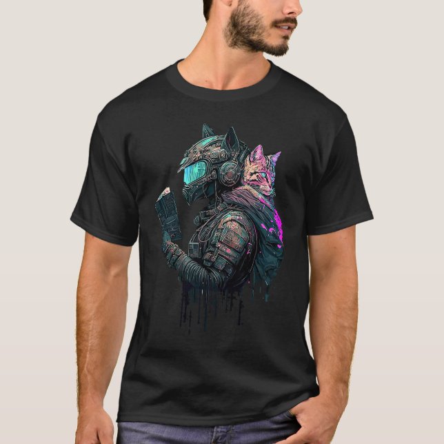 Cyber Cat Protector Punk Synthwave Reading Futuris T-Shirt (Front)