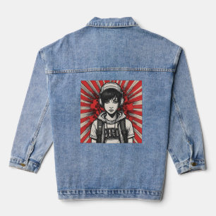 Cyber Emo Girl with Headphones in Bold Pop Art Denim Jacket