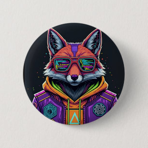 Cyber Fox Button Pin – Neon Streetwear Animal Art