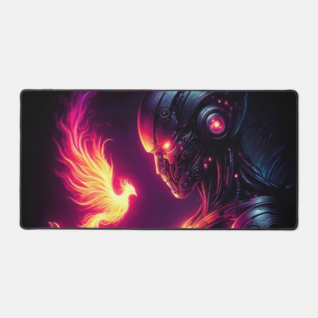 Cyber Futuristic Robot Phoenix Fire Spirit Desk Mat (Front)