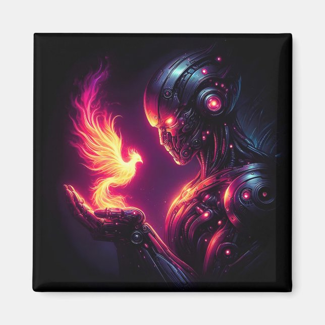 Cyber Futuristic Robot Phoenix Fire Spirit Magnet (Front)