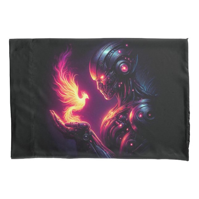 Cyber Futuristic Robot Phoenix Fire Spirit Pillowcase (Front)