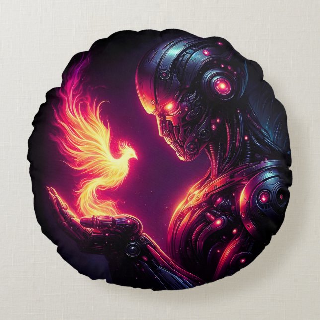 Cyber Futuristic Robot Phoenix Fire Spirit Round Cushion (Front)