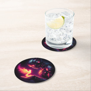Cyber Futuristic Robot Phoenix Fire Spirit Round Paper Coaster