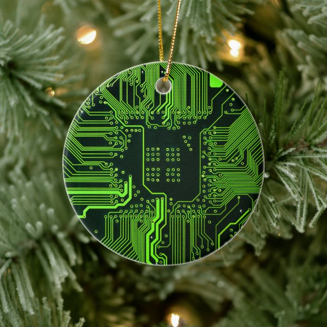 Cyber Green PCB Circuit Board Trace Pattern Art Ceramic Tree Decoration (Tree)