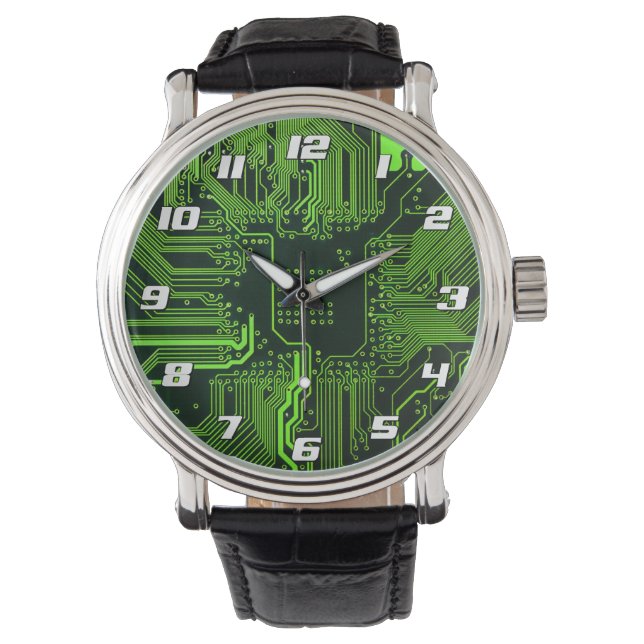 Cyber Green PCB Circuit Board Trace Pattern Art Watch (Front)
