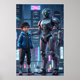 Cyber Guardian Sci-Fi Robot & Kid Art Poster