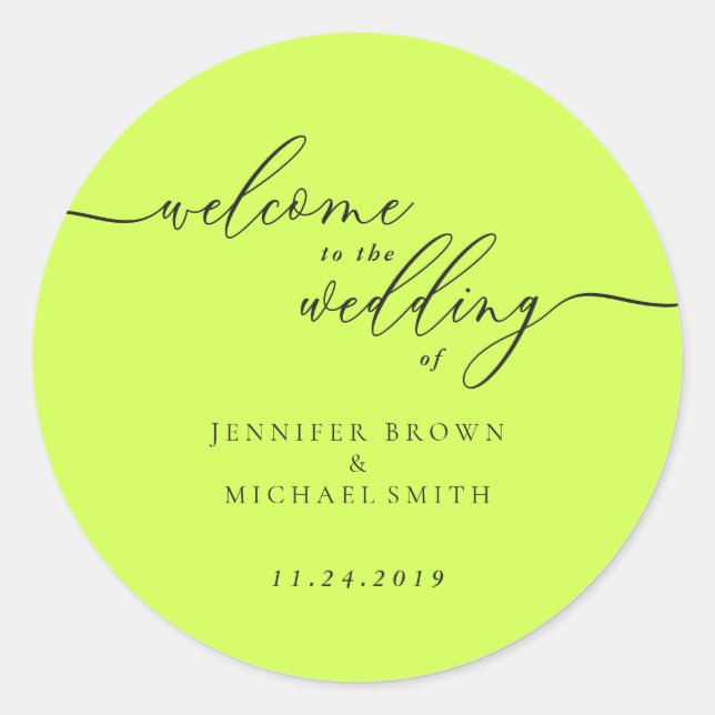 Cyber Lime Jet Black Signature Welcome to Wedding Classic Round Sticker (Front)